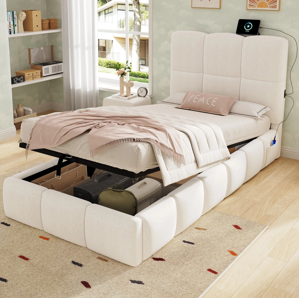 Letto singolo imbottito con contenitore, testiera USB e rete a doghe 90x200 cm
