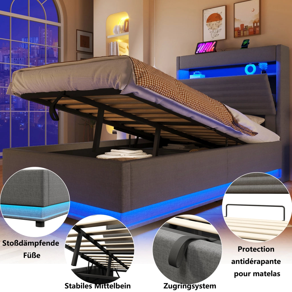 Letto Contenitore 90x200 cm; USB; Type-C; LED; con Testiera Imbottita; in Lino; Grigio