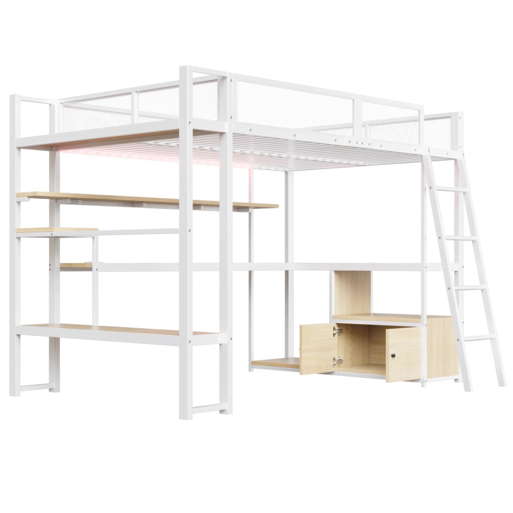 Letto a Soppalco 140x200 cm con Scrivania; LED; Mensole in MDF e Metallo Bianco