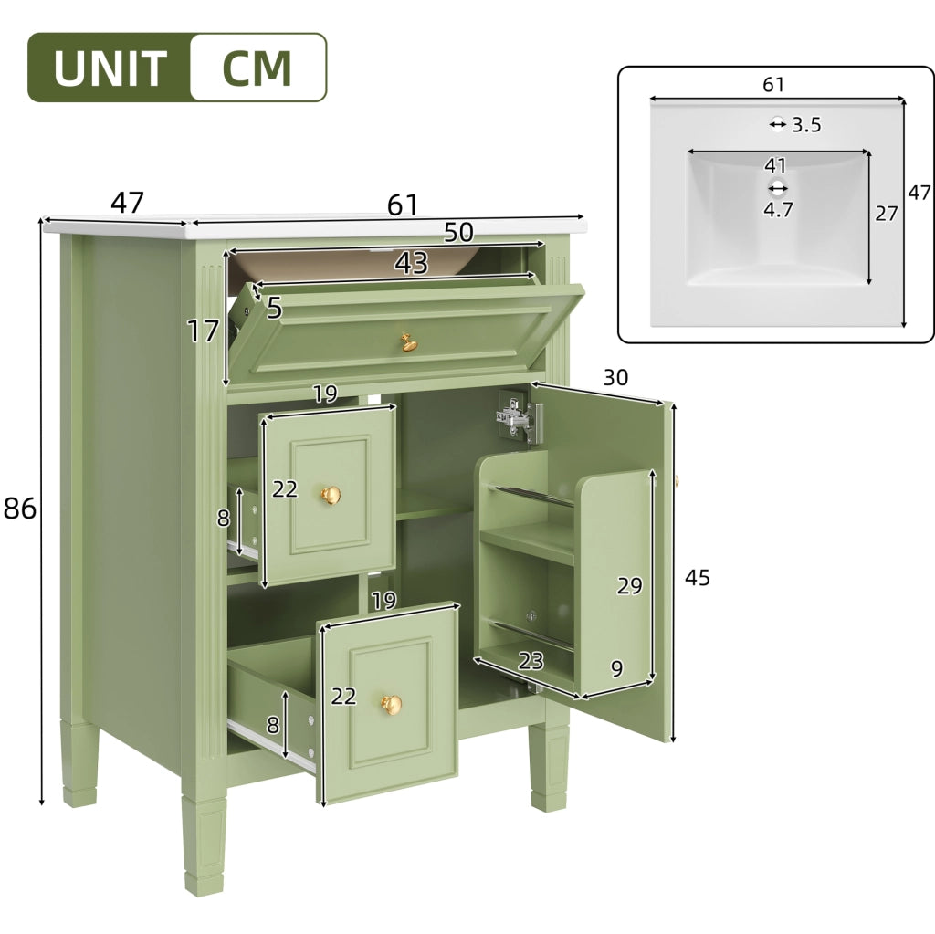 Mobile bagno freestanding 61 cm in MDF e ceramica; verde lucido; con lavabo e 2 cassetti