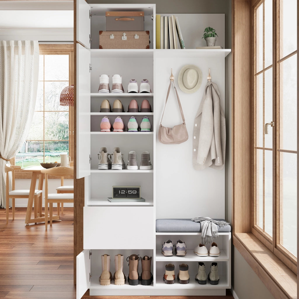 Set mobili da ingresso con armadio a specchio, panca portascarpe, cassetti e ganci, in MDF bianco