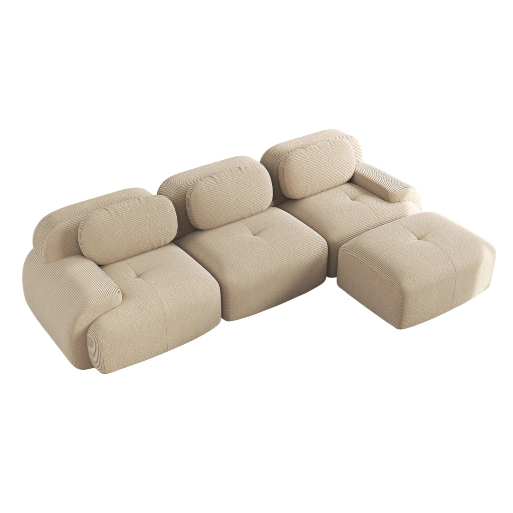 divano angolare modulare senza montaggio; design ergonomico; braccioli larghi; in velluto a coste beige