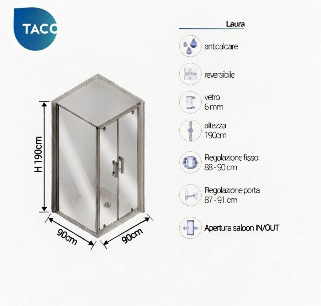 Box Doccia 2 lati 90x90 cm fisso + due battenti h190cm LAURA - Cromato Lucido
