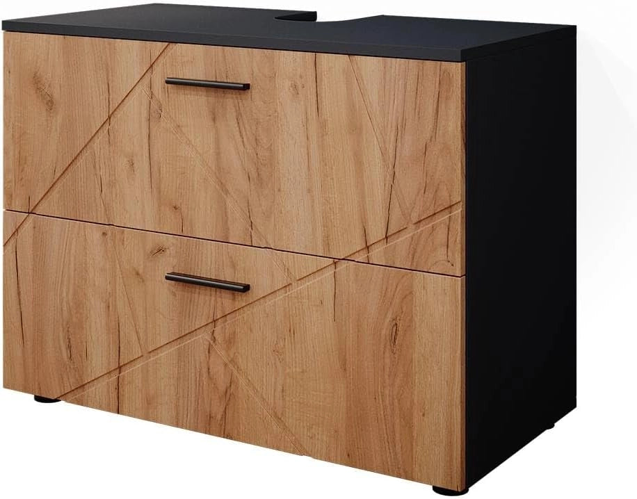 Mobile sottolavabo per bagno Irma, Quercia dorata/antracite, 80 x 58.6 cm, adatto per l'installazione sopra il sifone con aperture di aerazione