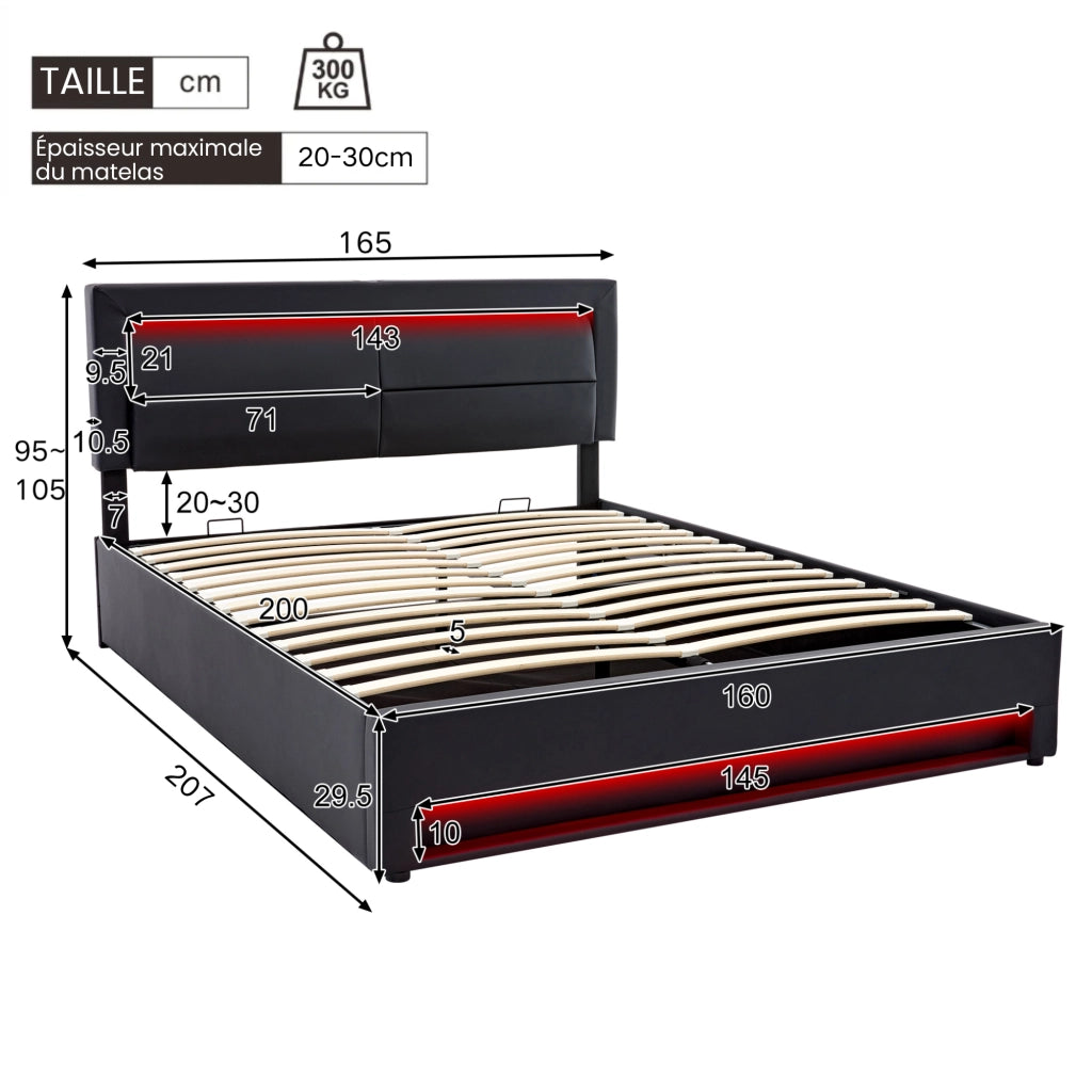 Letto Contenitore 160 x 200 cm con USB; LED Regolabile e Vano Contenitore - Nero