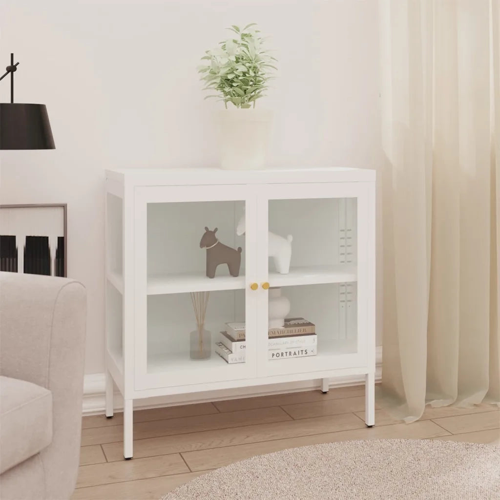 Credenza Bianca 70x35x70 cm in Acciaio e Vetro 336065