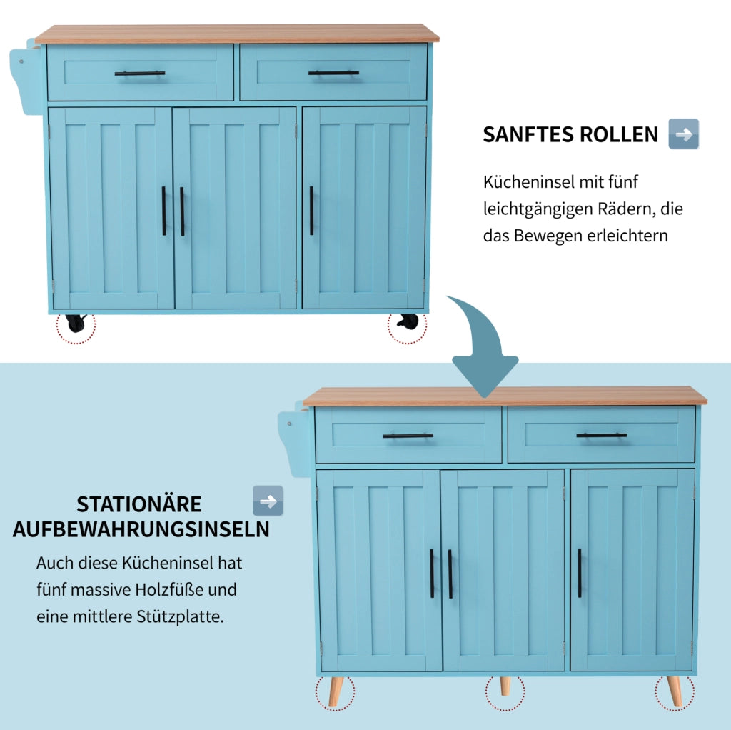 Carrello da cucina pieghevole blu con piano estensibile