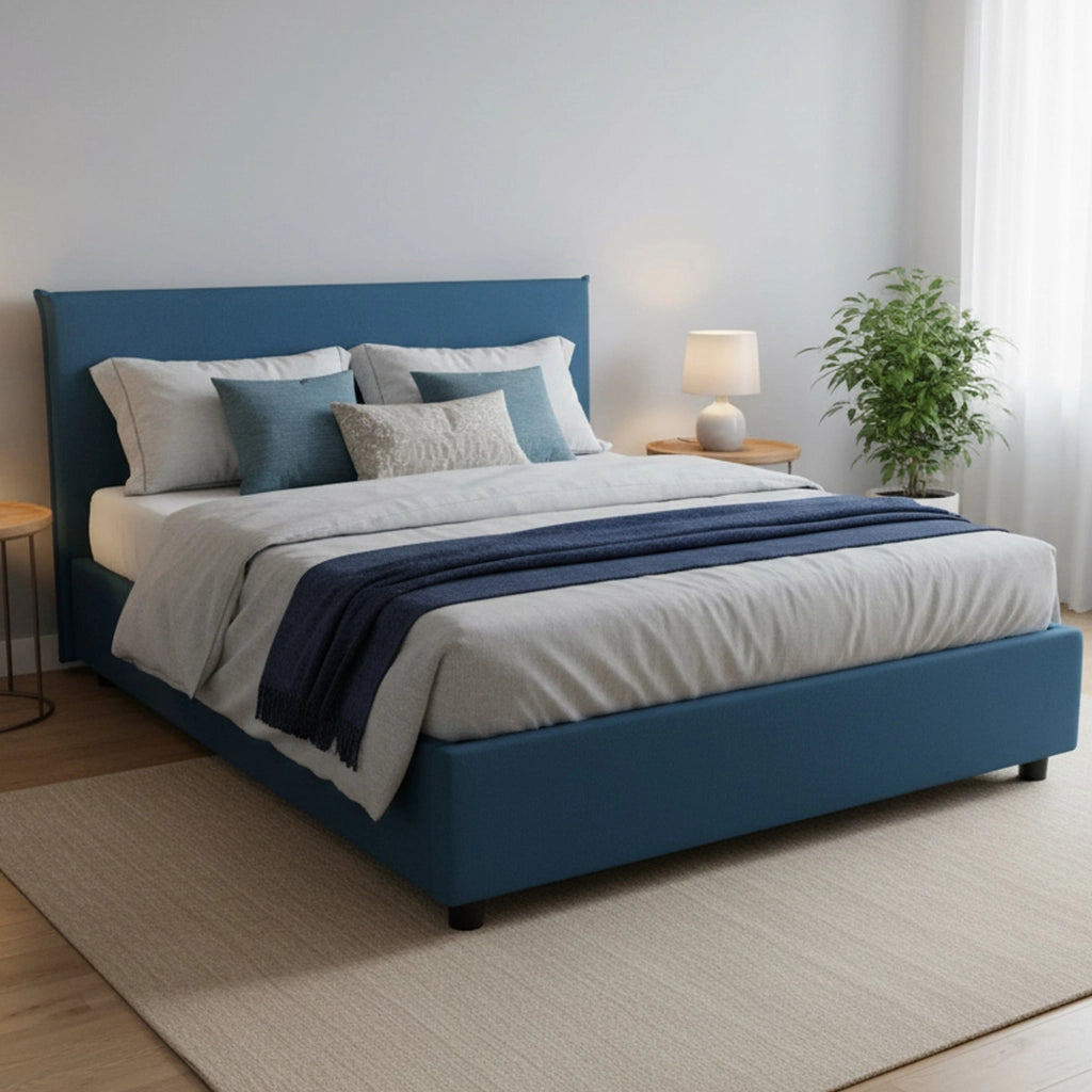 Letto matrimoniale Alvacus, Letto contenitore con rivestimento in tessuto, Made in Italy, Apertura frontale, adatto per materasso cm 140x200, Blu
