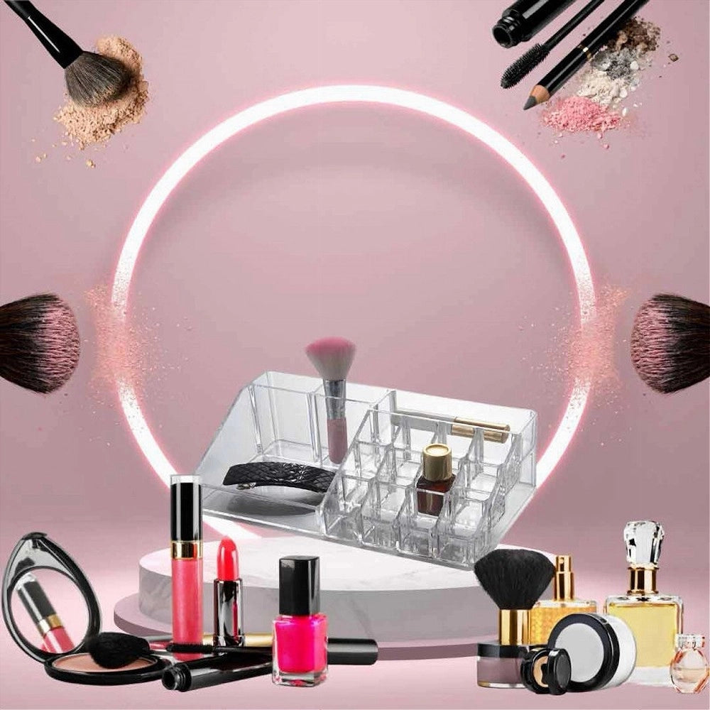Trade Shop - Organizer Portatrucchi Trasparente 16 Scomparti Cosmetici Espositore Makeup 10250 -