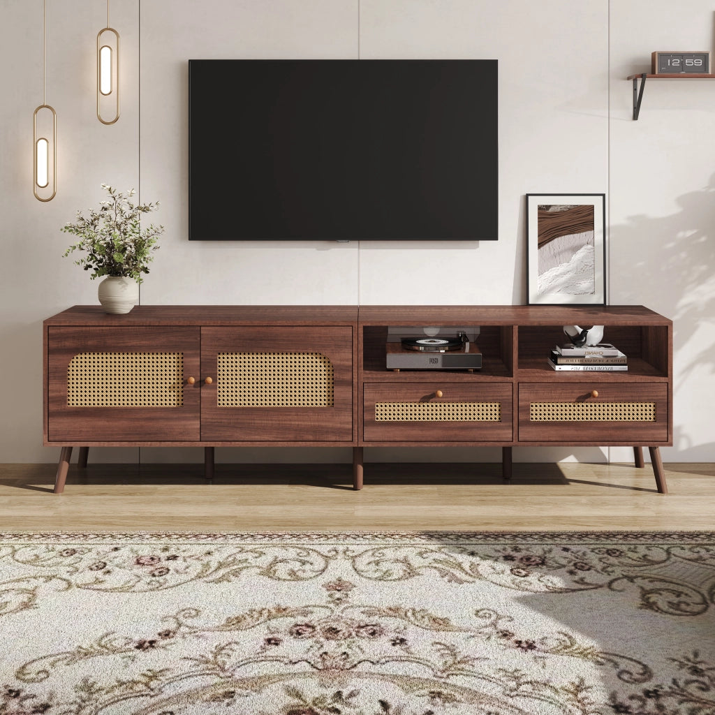 Mobile TV con 2 Ante in Rattan e 2 Cassetti; 8 Piedi; Stile Moderno; Soggiorno; in Pannello Truciolare; Marrone; 200??37??49;5 cm