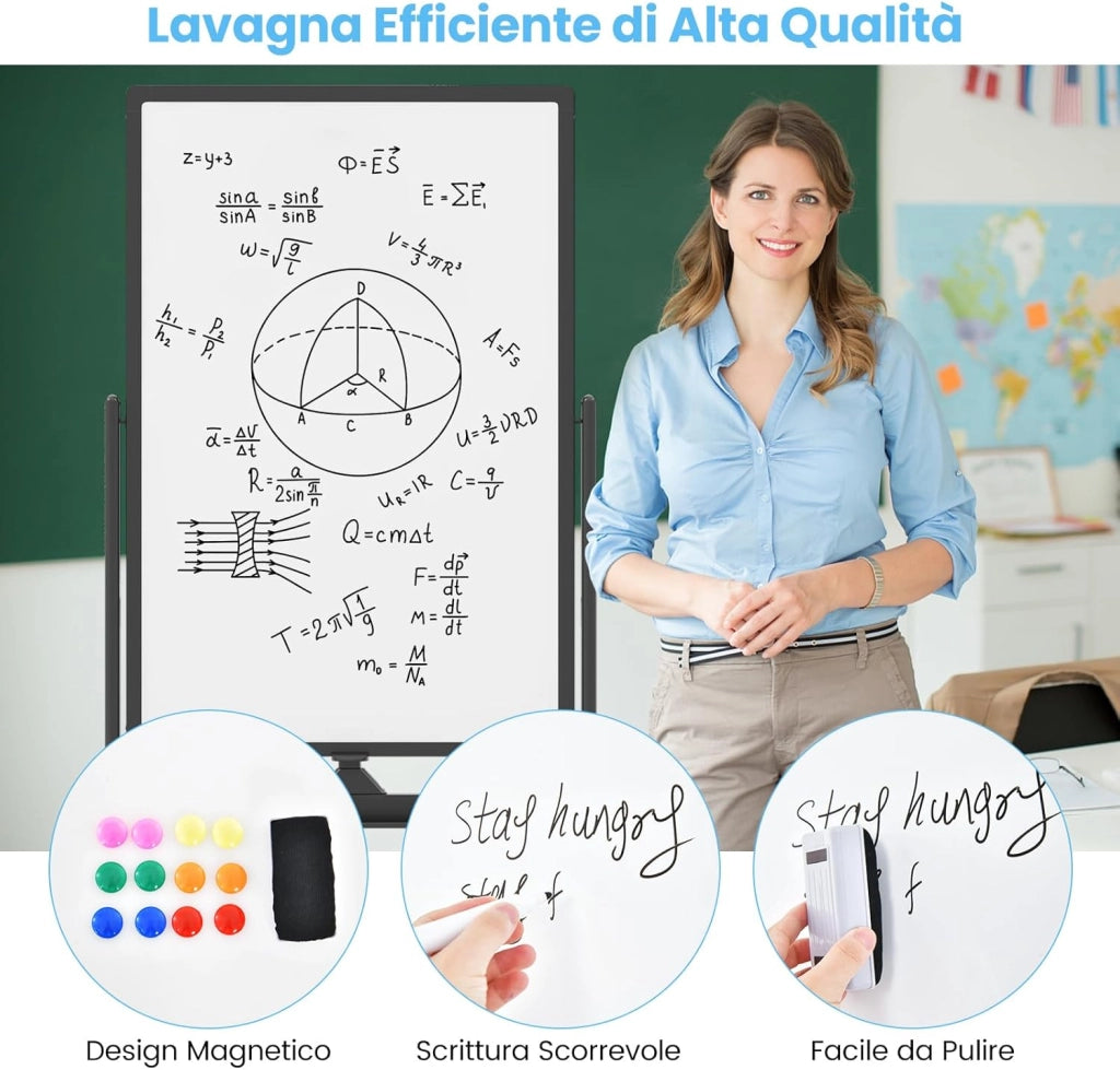 Lavagna Bianca Portatile con Ruote, Lavagna Bianca Regolabile in Altezza, Lavagna a Secco Reversibile per Scuola, Ufficio, Casa (nero)