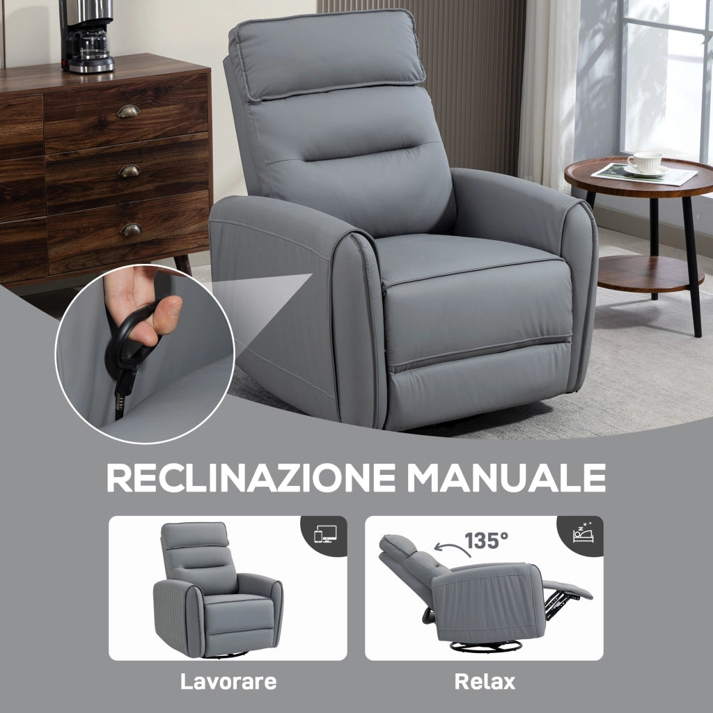 Poltrona Relax Reclinabile Manualmente con Poggiapiedi in Tessuto Effetto Pelle e Base Girevole, Grigio