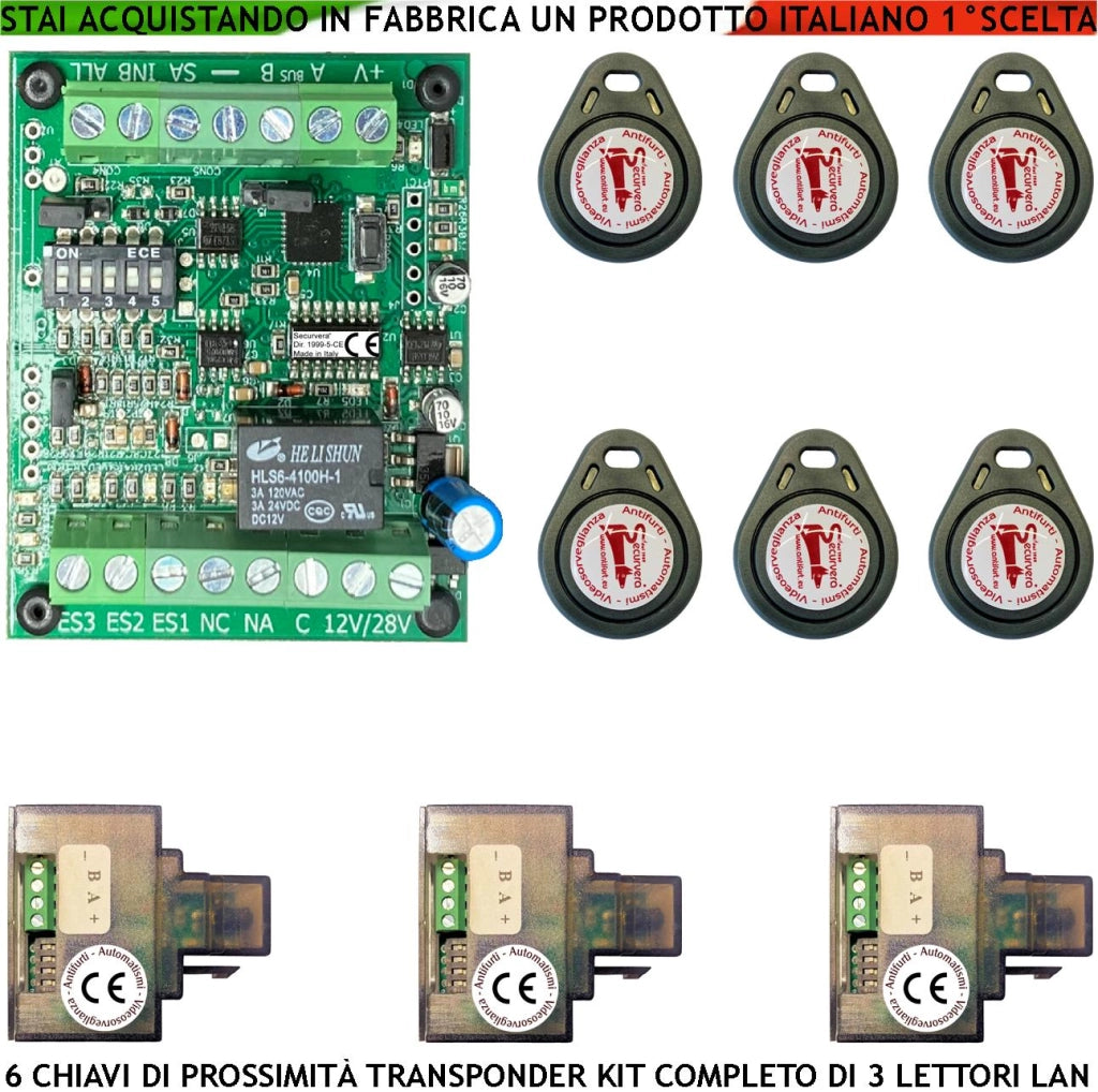 Kit Chiave di Prossimità 6 Chiavi TAG Trasponder 3 Lettori su Modulo LAN Universale 501/503 RJ45 Alimentazione 12/24 Vac Relè Scambio 2 A 24 V Funzione Impulsiva o Stabile Segnale di Stato 4 Led GRVB