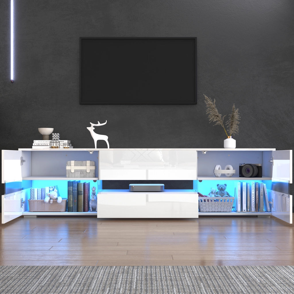 Mobile porta TV con LED 2 ante 1 cassetto e vano aperto per soggiorno in truciolare bianco lucido 160 × 39 × 45 cm