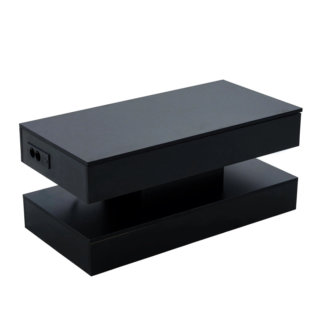 Tavolino da caffè con piano alzabile; vano contenitore e LED - per soggiorno - in pannello truciolare - 100×50×42 cm - nero