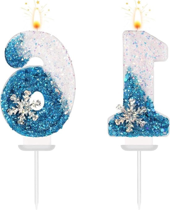 Candelotti con numeri Tema Neve a fiocchi per torta di compleanno - Decorazione di festa per compleanni e matrimoni (Set da 16)