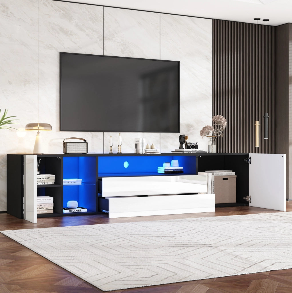 Mobile TV LED 180 cm bianco e nero con 2 cassetti e 2 vani