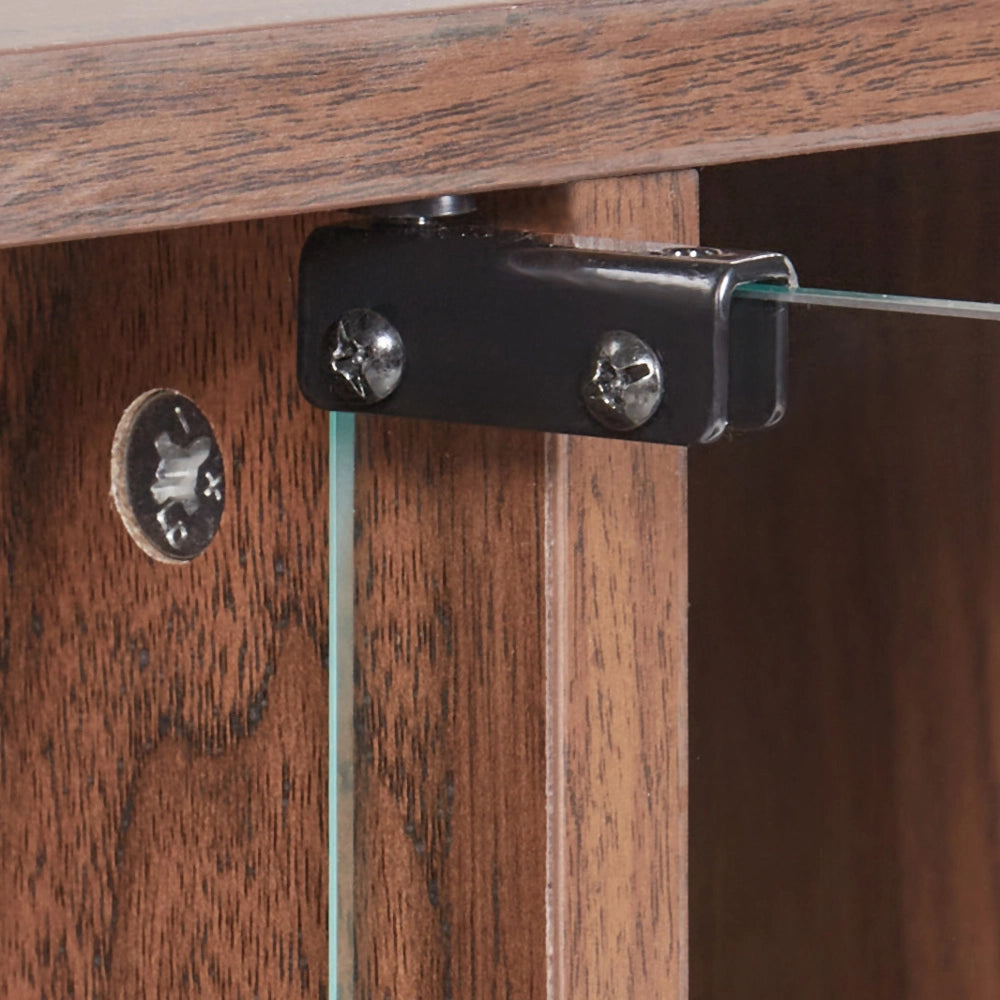 Credenza espositiva con 2 ante frontali in vetro con ripiani e portabottiglie legno scuro stile tradizionale elegante
