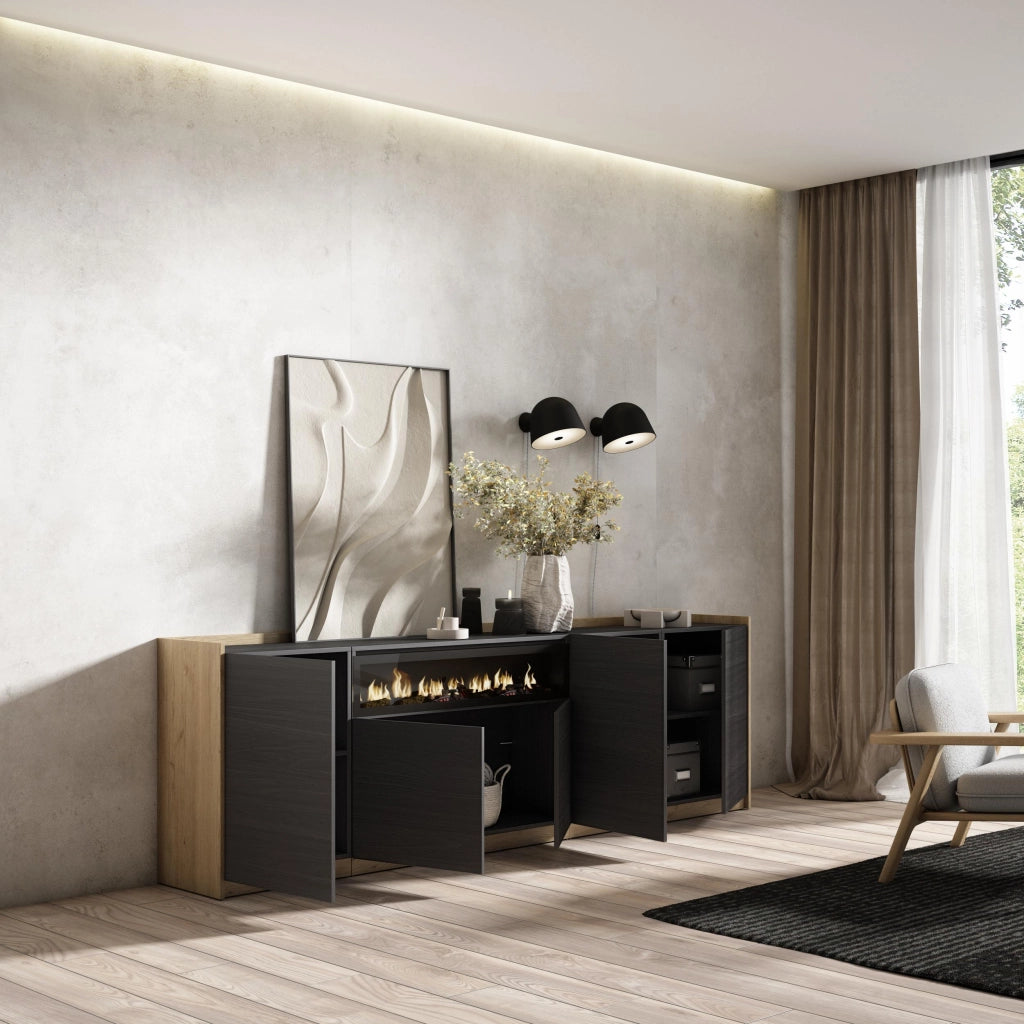 Credenza, Mobile, Cucina, 260x80x37 cm, 5 Porte, Camino elettrico, Nero e rovere