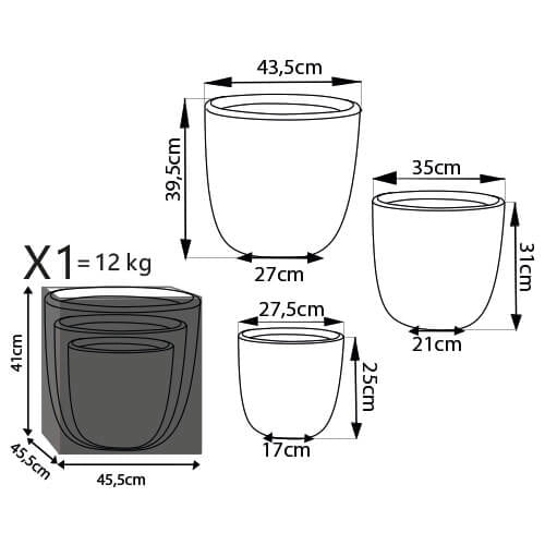 Set di 3 vasi da Giardino in Fibra di argilla cm 44x44x39 - DUDLEY