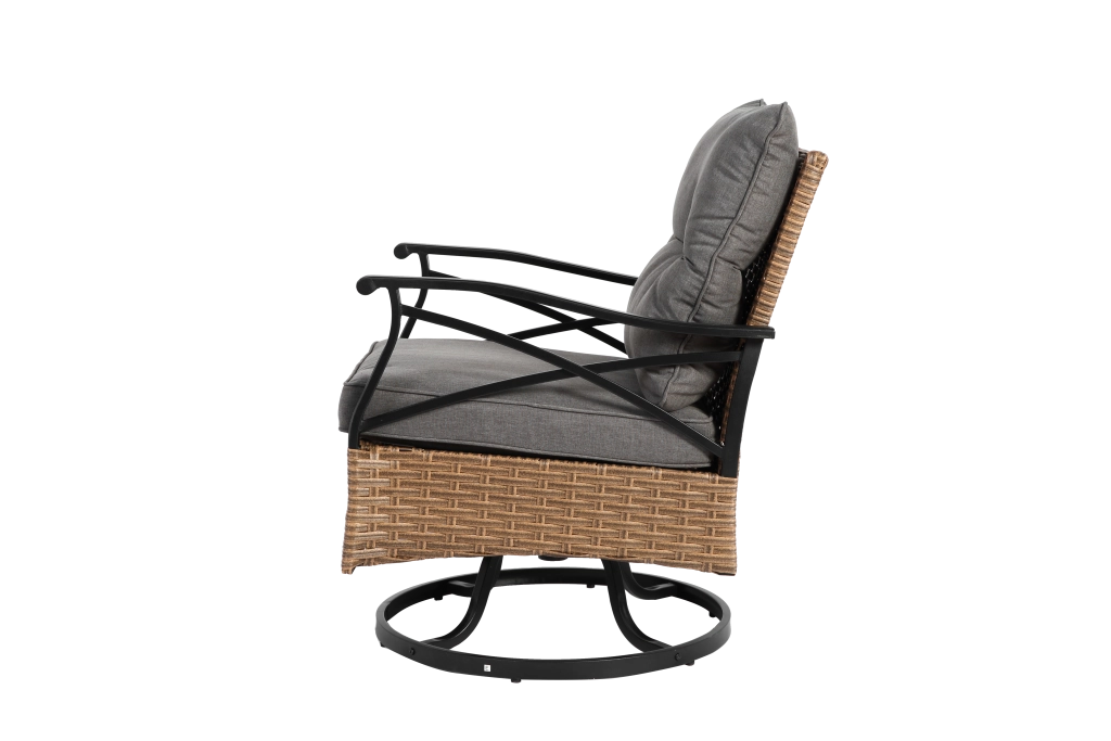 OKWISH Poltrone da giardino con tavolo set da 3 girevoli e basculanti 360° con cuscini in acciaio e rattan sintetico grigio