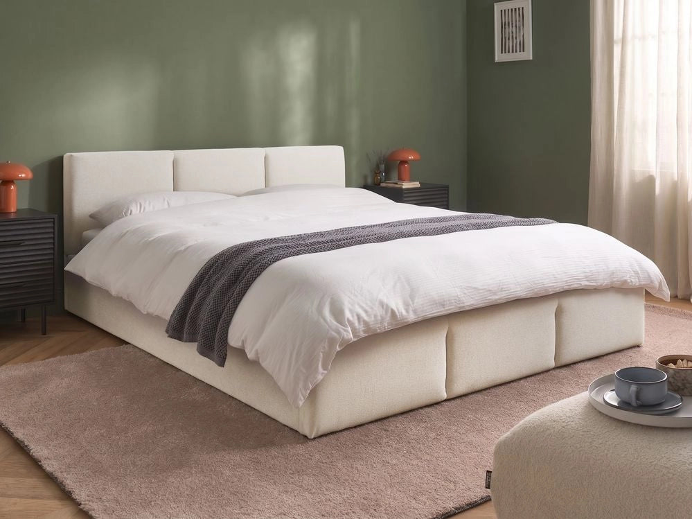 Letto rivestito in tessuto bianco sporco, 160 x 200 cm, testiera trapuntata con vano portaoggetti