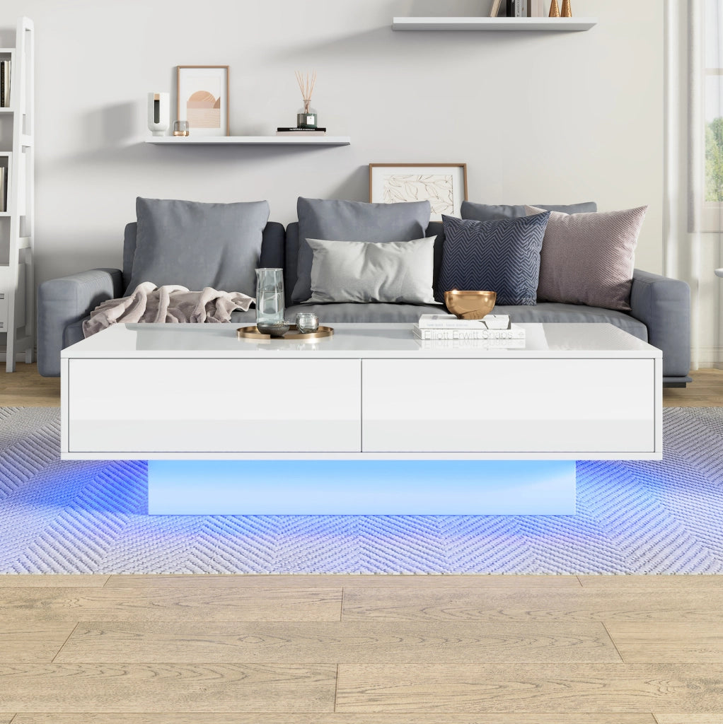 Tavolino da caffè moderno bianco lucido 115 x 55 x 34 cm con 2 cassetti e LED