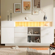 Credenza bianca 160x40x75 cm con LED, 4 cassetti, 2 ante e ripiani regolabili