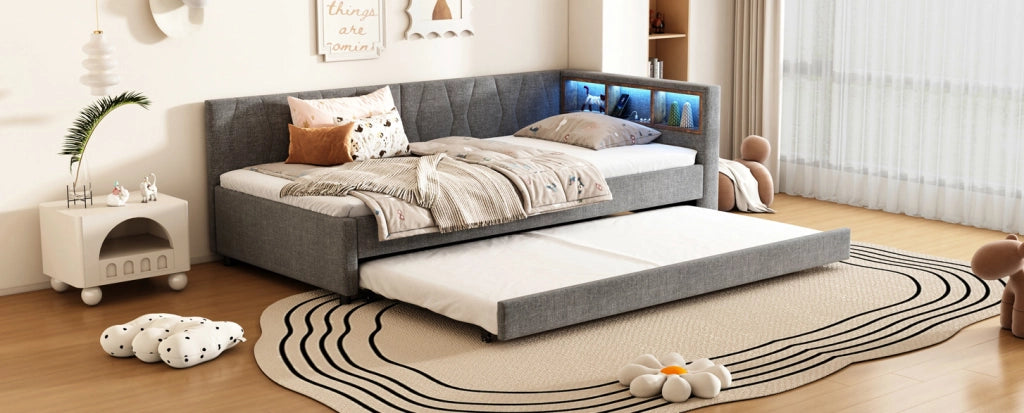 Letto Daybett 90x200 cm in lino e MDF grigio con divano letto estraibile, prese USB e LED multicolore