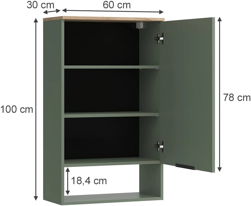 Libreria da parete Wido, Verde, 60 x 100 cm con porta, adatto al montaggio a parete per bagno o cucina