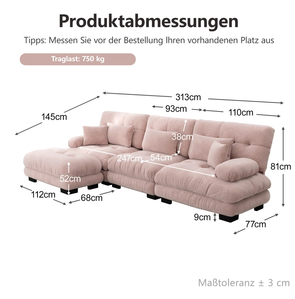 Divano modulare angolare 313x145x81 cm in ciniglia rosa con pouf mobili