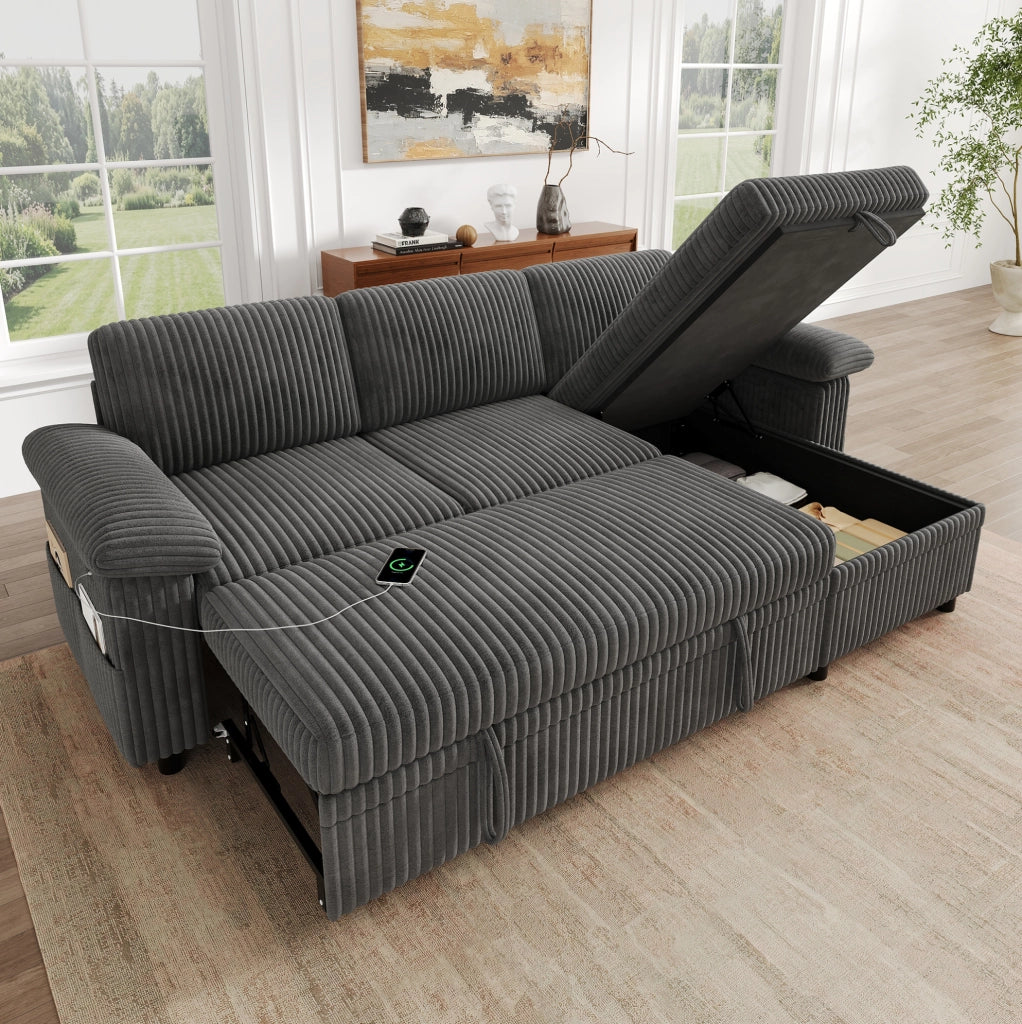 Divano angolare L con funzione letto; ottomana reversibile con contenitore; USB/Type?C; grigio