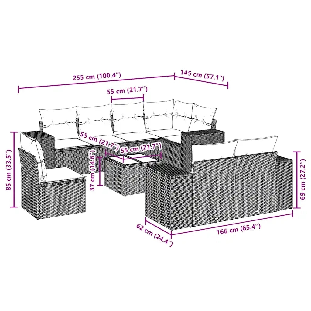 Set Divani da Giardino 9 pz con Cuscini Nero in Polyrattan 3255183