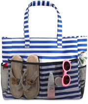 Borsa da spiaggia XXL per famiglie con cerniera, grande borsa da spiaggia, sacchetto da bagno impermeabile per donne, borsa da spiaggia a rete, borsa da spalla per il bagno, shopper per viaggi di spiaggia e vita quotidiana (linee blu)