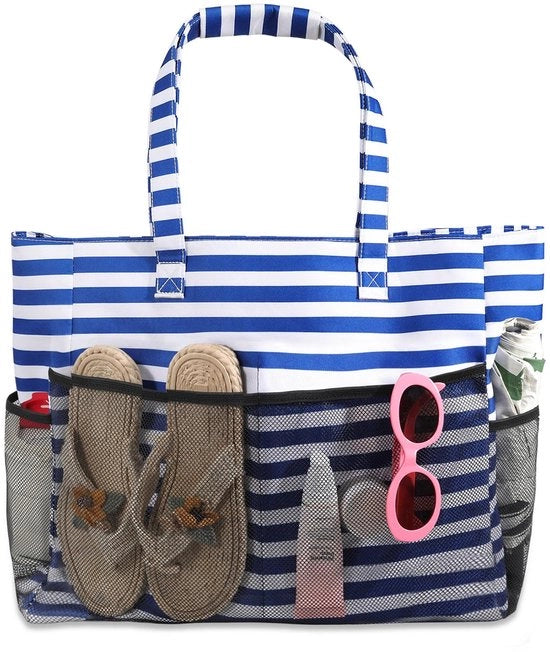 Borsa da spiaggia XXL per famiglie con cerniera, grande borsa da spiaggia, sacchetto da bagno impermeabile per donne, borsa da spiaggia a rete, borsa da spalla per il bagno, shopper per viaggi di spiaggia e vita quotidiana (linee blu)