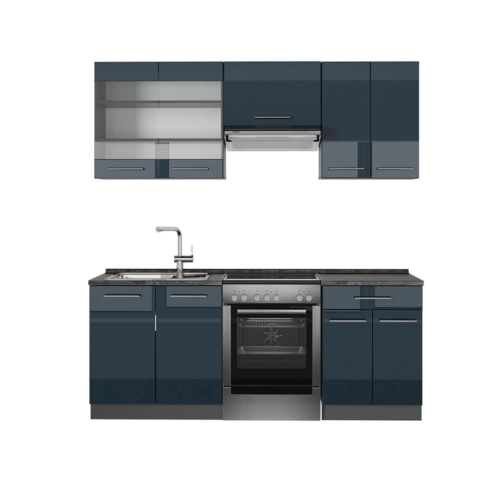 Mobili da cucina Fame-Line Blu scuro lucido/Antracite 200 cm, PL Antracite Vicco