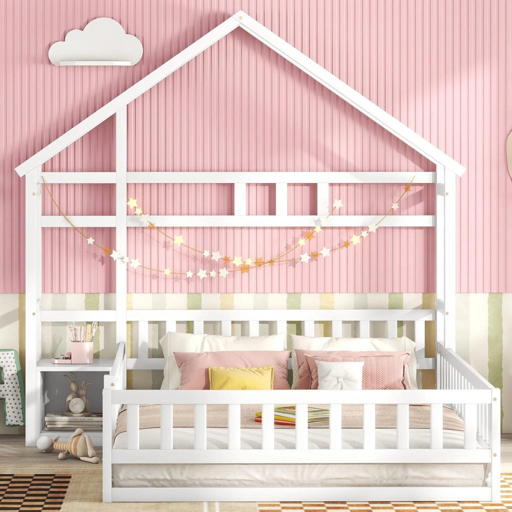 Letto a casetta per bambini 140 x 200 cm con sponda e comodino, bianco