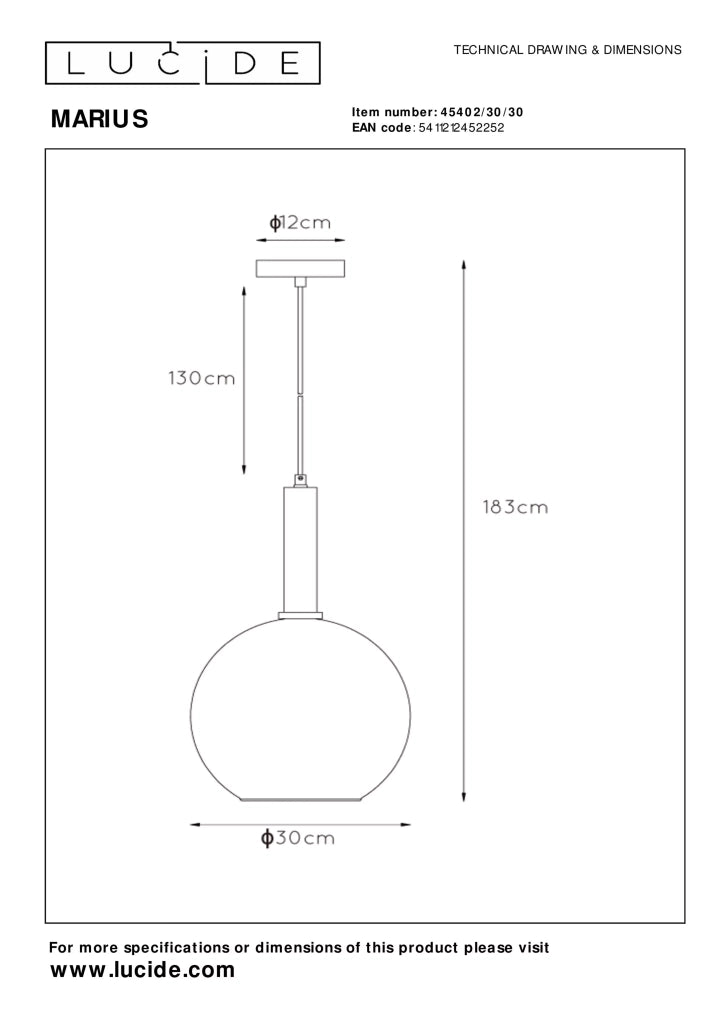 Lampada a sospensione sfera vetro fumé 30cm E27 Lucide