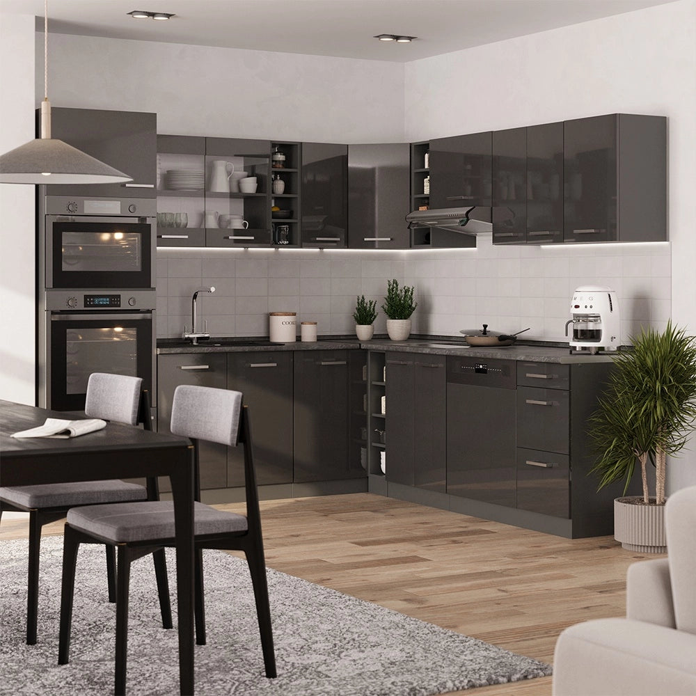 Cucina angolare completa R-Line Antracite lucido/Antracite 247 x 237 cm, PL Marmo Vicco