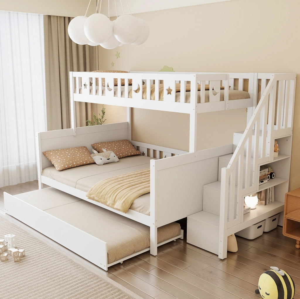 Letto a castello per bambini con scala contenitore, letto estraibile e rete