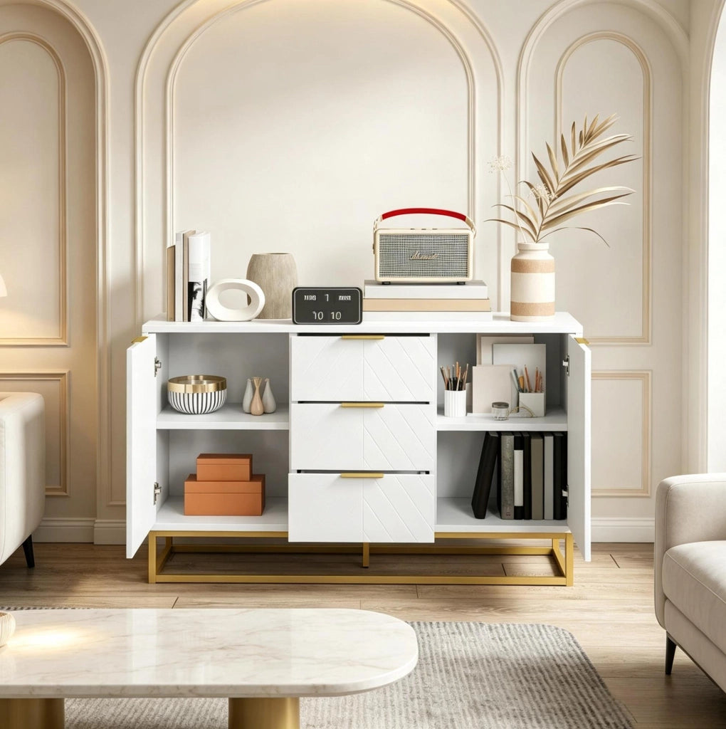 Credenza 120x40x76 cm in MDF e metallo bianco e oro, 2 ante 3 cassetti -
