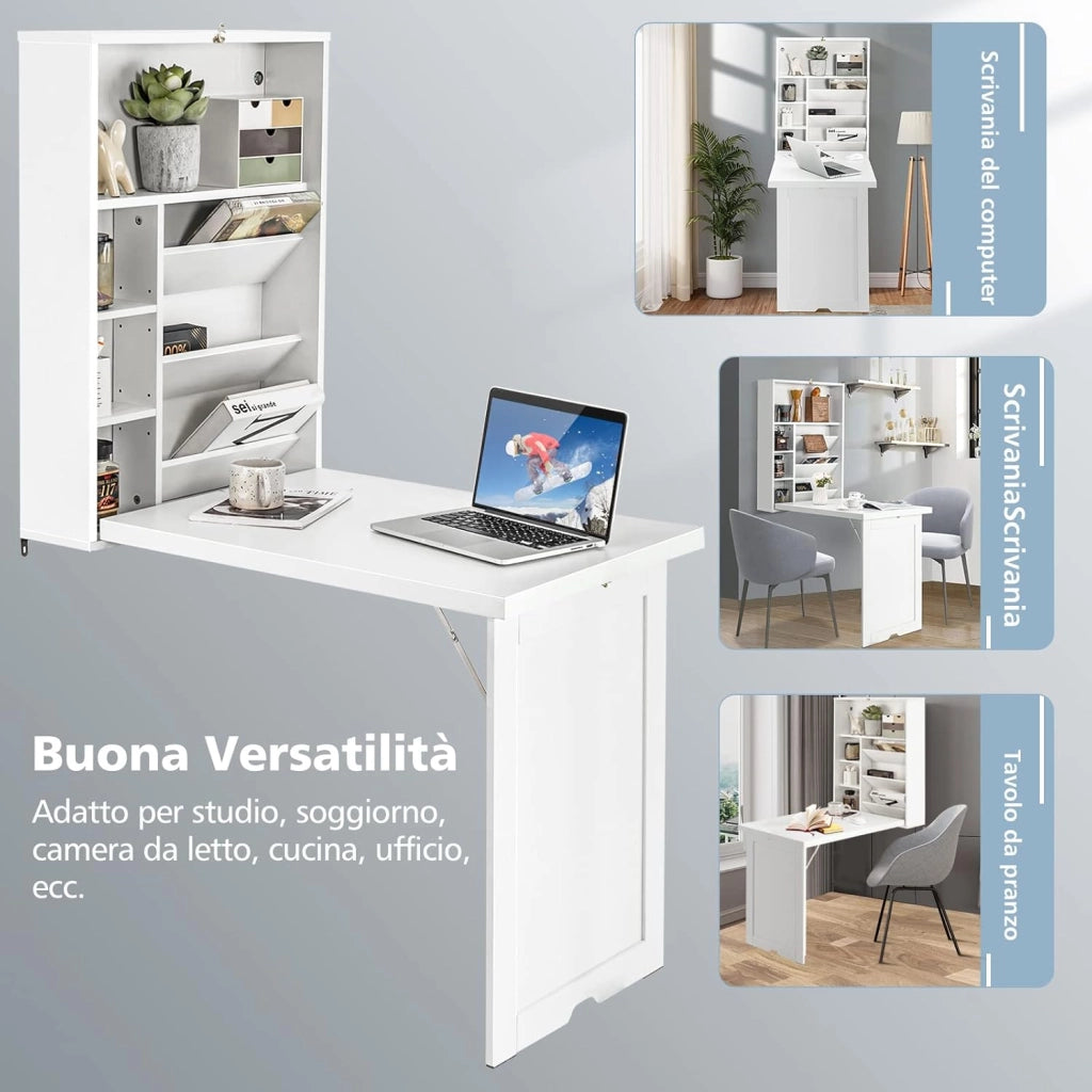 Scrivania Pieghevole da Parete, Tavolo Pieghevole a Muro con Divisorio a 3 Livelli e Ripiani Regolabili, Scrivania Salvaspazio per Cucina, Salotto e Studio, 60 x 94,5 x 151 cm (Bianco)