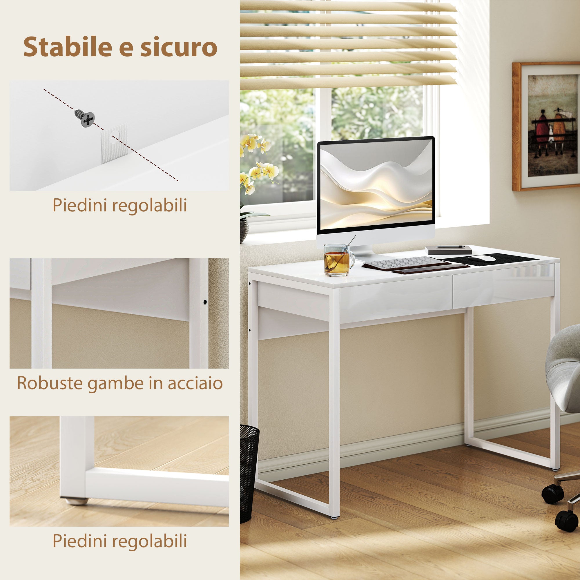 Scrivania Moderna 100x50x75 cm con 2 Cassetti e Gambe in Acciaio Bianco Lucido