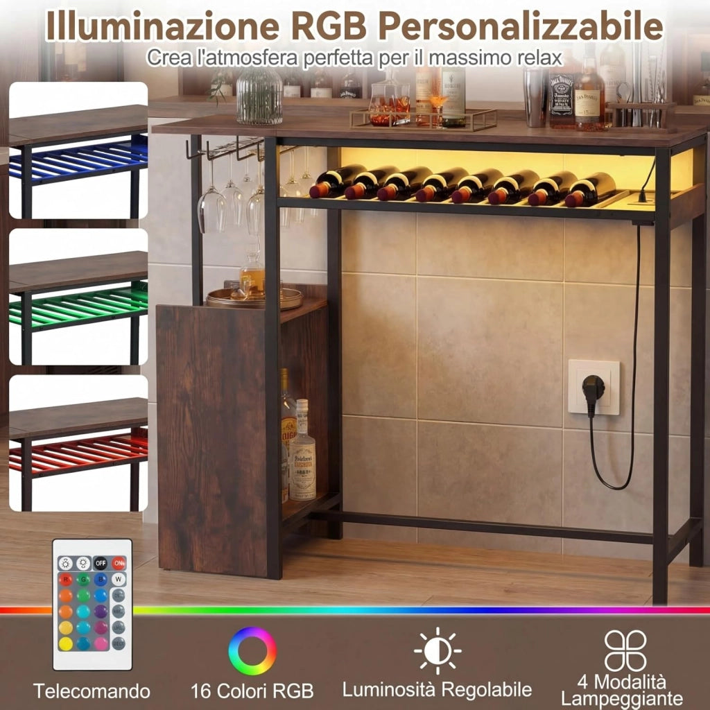 Tavolo da Bar con Luce Regolabile, Tavolino Alto con Stazione di Ricarica, Portabottiglie e Portabicchieri, Tavolino da Cucina per Soggiorno e Sala da Pranzo, 110 x 40 x 92 cm