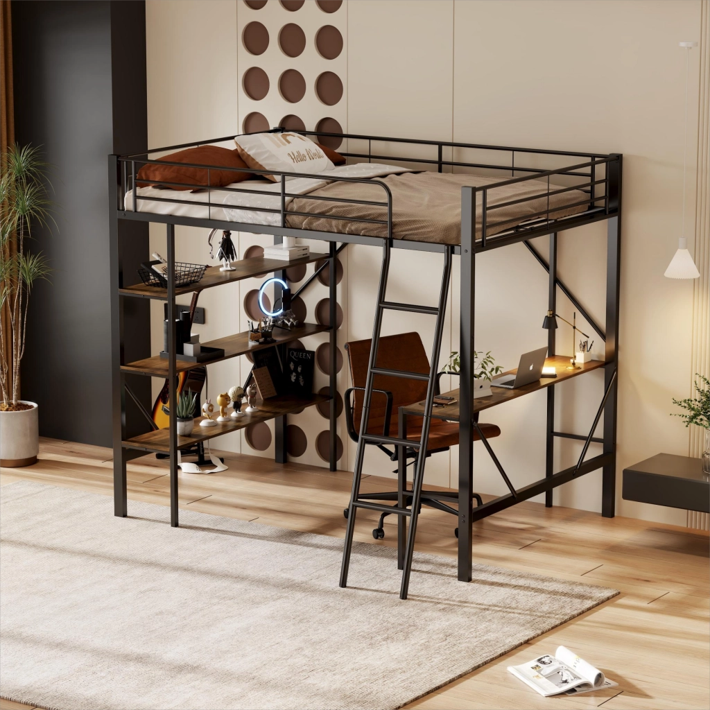Letto a Soppalco 90×200 cm; Letto Singolo con Scrivania e 3 Scaffali; senza Materasso; in Metallo e MDF; Nero