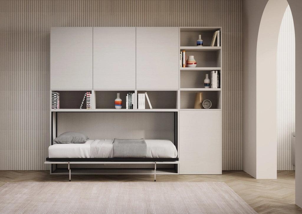 Letto Singolo a Scomparsa Composizione E Kando H226,7 Bianco Frassino con Materasso