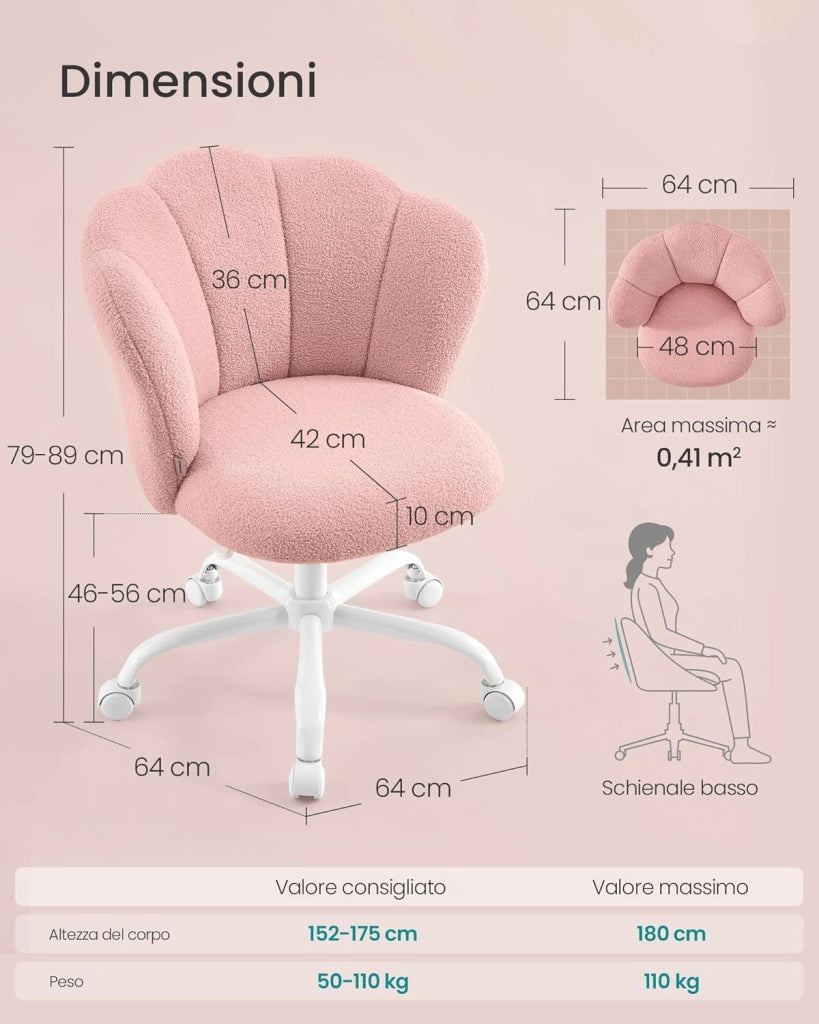 SONGMICS Sedia da Ufficio Girevole a 360°, Sedia da Trucco Imbottita, Tessuto Peluche, Regge 110 kg, Schienale a Petali, Altezza Regolabile, Soggiorno Camera da Letto, Rosa Pastello OBG030SA01