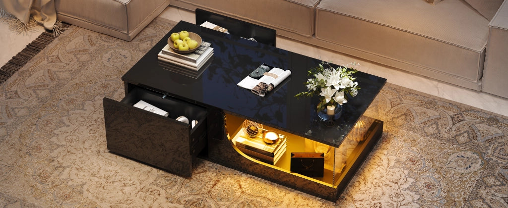 Tavolino da salotto nero lucido con LED e 2 cassetti 100x50x30 cm