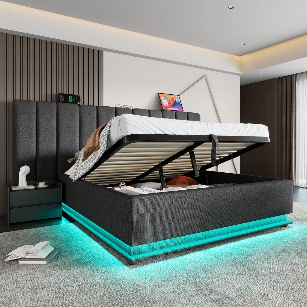 Letto Contenitore Letto Matrimoniale 160×200 cm con LED; USB e Tipo C; senza Materasso; in Lino; Grigio