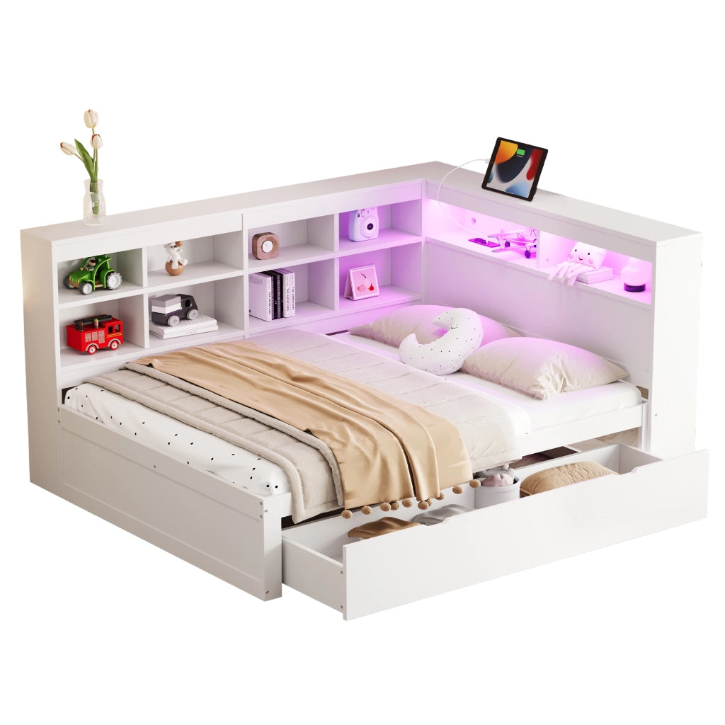 Letto matrimoniale multifunzionale in legno massiccio 140x200 cm con LED, USB e ampio spazio contenitore